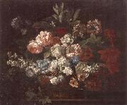 unknow artist Still life of various flowers,in a wicker basket,upon a stone ledge oil painting